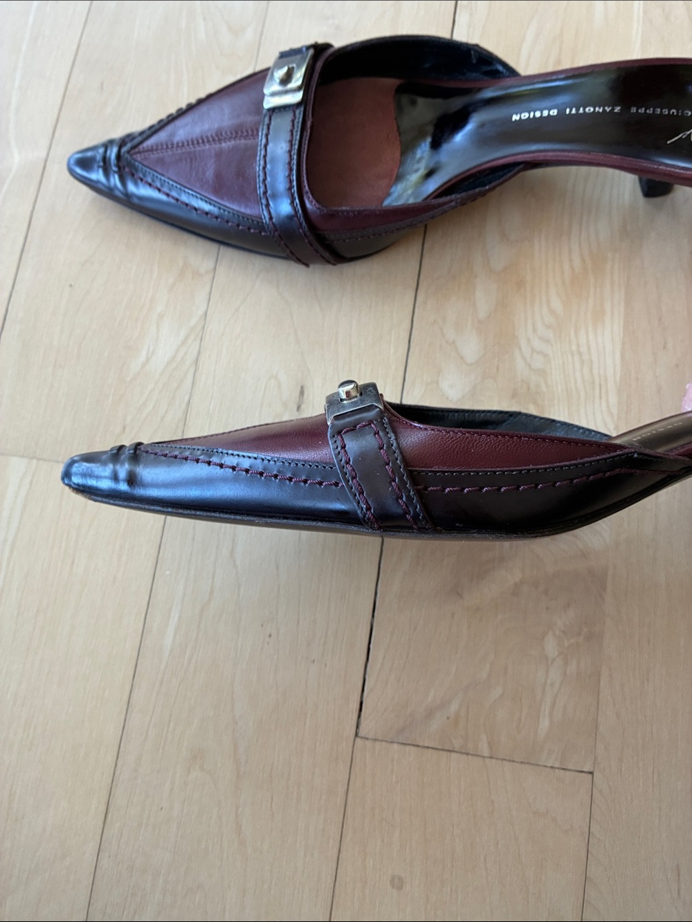 Vintage Giuseppe Zanotti Burgundy Pointed Leather Slip-On Mules/Kitten Heels - Picture 8 of 16